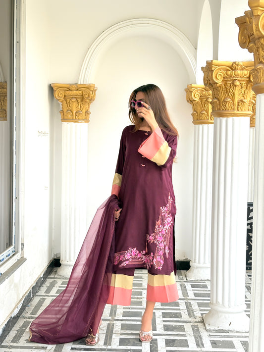 Royal Plum Bloom-3-Piece Embroidered Suit
